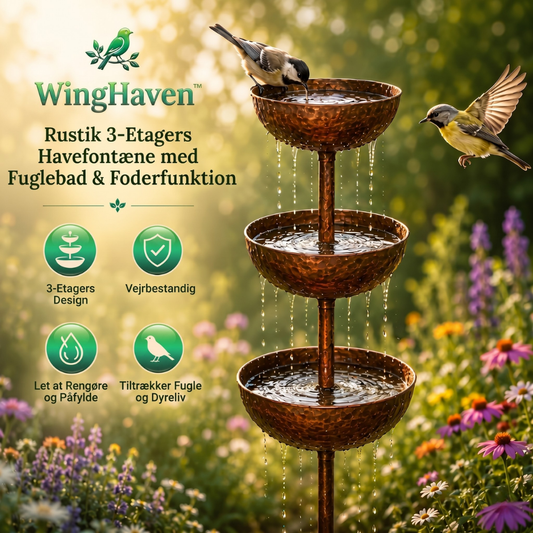 WingHaven™ – Rustic 3-Tier Bird Fountain and Feeding Station