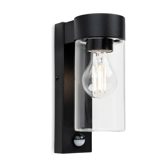 Avant Glass Cylinder Outdoor Wall Light with PIR Sensor, Black