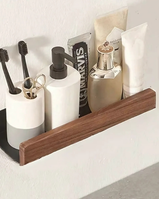 AlignaLume: Modern metal wall shelf with wooden front and minimalist design – for bathroom and kitchen