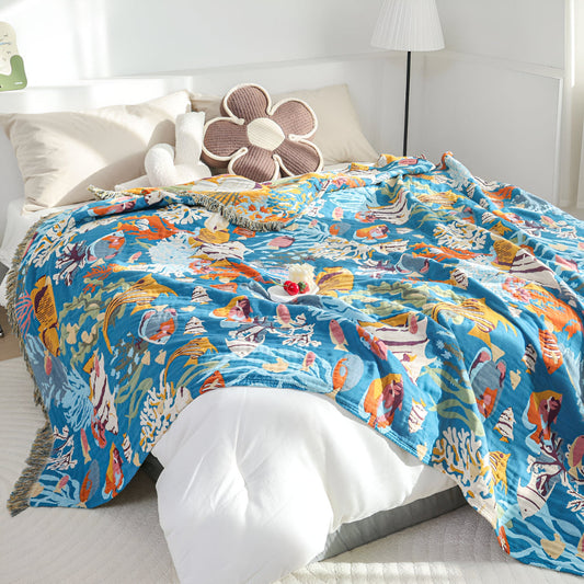 AquaGlanz: Cotton Throws with Underwater Design and Colourful Coral Pattern & Breathable Quality – for Sofas and Living Areas