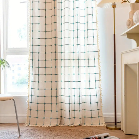 AquaNetz: Boho Design Curtain with Turquoise Check Pattern and Tassels – Elegant for Dining Rooms and Living Areas
