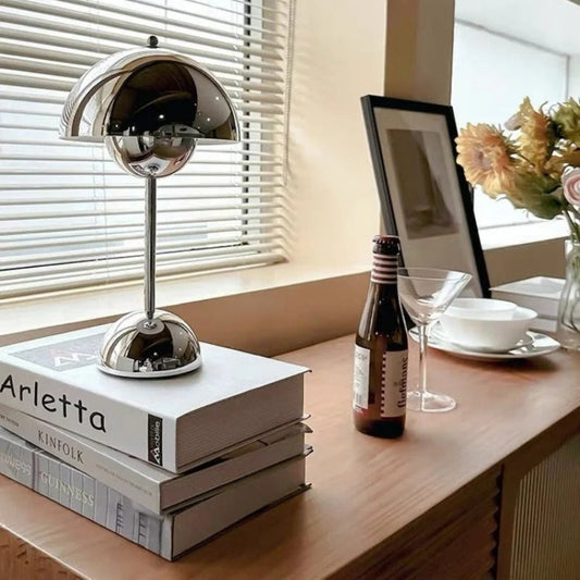 AuraGleam: Rechargeable LED Table Lamp with Chrome Design and Continuous Dimming – for Indoor Use and Decoration