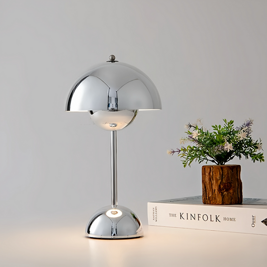 AuraGleam: Rechargeable LED Table Lamp with Chrome Design and Continuous Dimming – for Indoor Use and Decoration