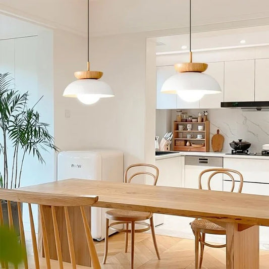 Nordiva: Metal and Glass Pendant Lamp with Wood Effect – for Scandinavian Living Spaces and Offices