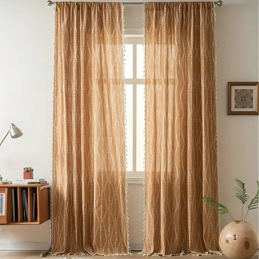 WeizenZauber: Curtain with Embroidered Design and Tassels – Decorative in Rustic Style