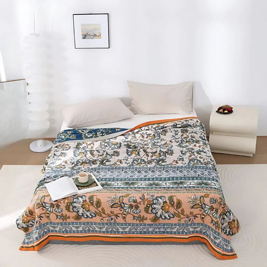 Wiesenglück: Lightweight cotton throw in Boho style with floral design – for living and sleeping areas