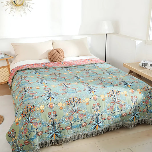 WildPetal: Reversible cotton throw with jacquard floral pattern and fringed edge – for sofa and bedroom