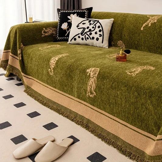 WildLuxe: Chenille Sofa Cover with Tiger Design – Elegant Sofa Cover for Living Room and Bedroom
