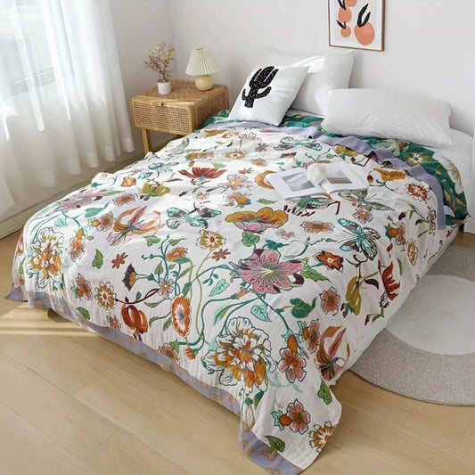 WildeBlüte: Decorative cotton throw with flower and butterfly motif – for bedroom and living room