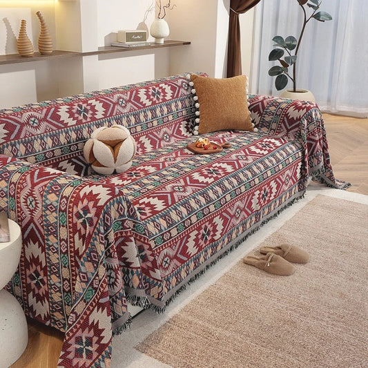 Zarela: Boho style sofa cover in soft chenille with jacquard design and decorative fringes – for sofa and living room